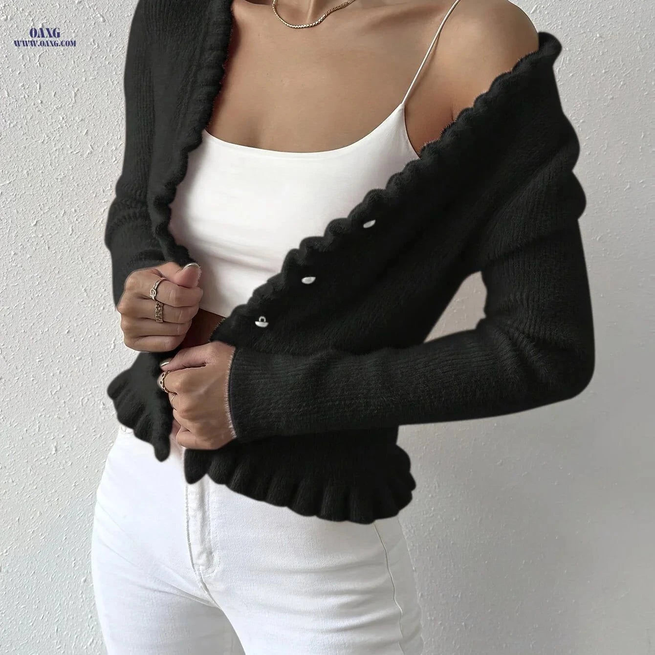 OAXG Women's Faux Mink Cardigan - Cropped, Elegant Style for All Seasons   OAXG White / XS