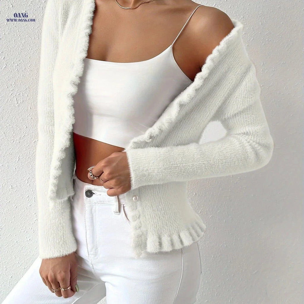 OAXG Women's Faux Mink Cardigan - Cropped, Elegant Style for All Seasons   OAXG White / XS