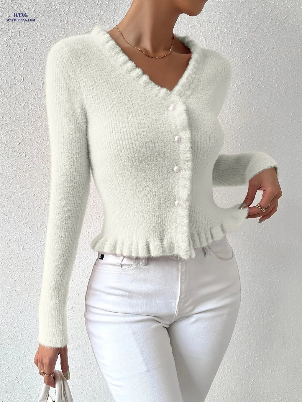 OAXG Women's Faux Mink Cardigan - Cropped, Elegant Style for All Seasons   OAXG White / XS