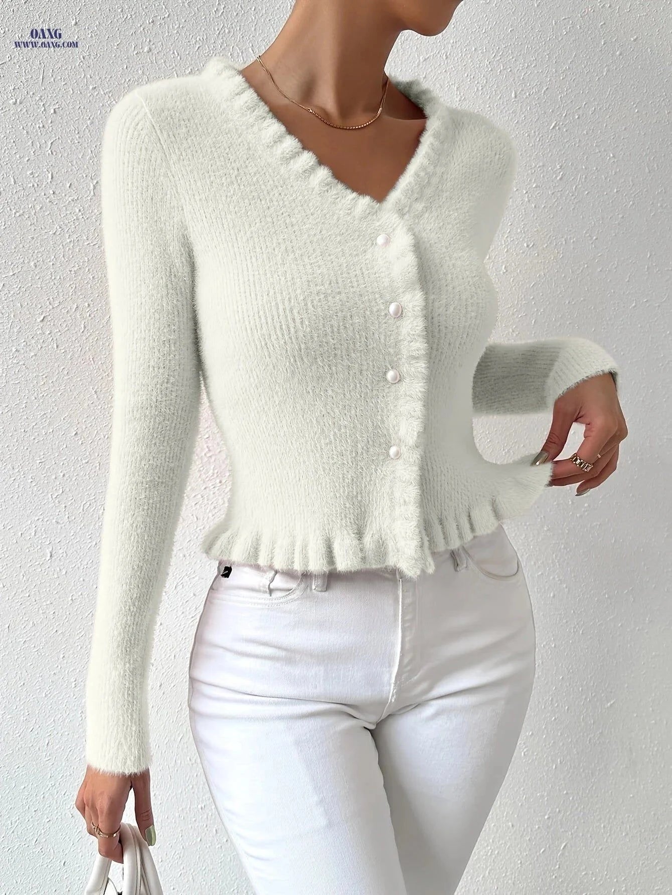 OAXG Women's Faux Mink Cardigan - Cropped, Elegant Style for All Seasons   OAXG White / XS