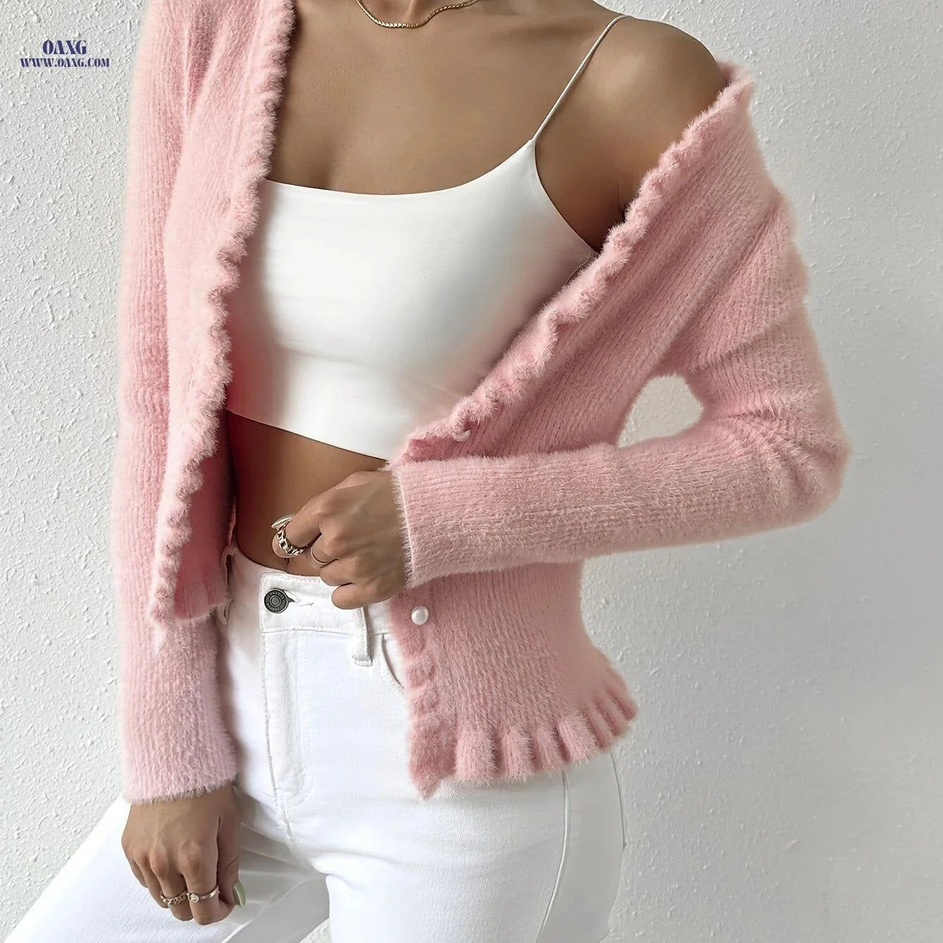 OAXG Women's Faux Mink Cardigan - Cropped, Elegant Style for All Seasons   OAXG White / XS