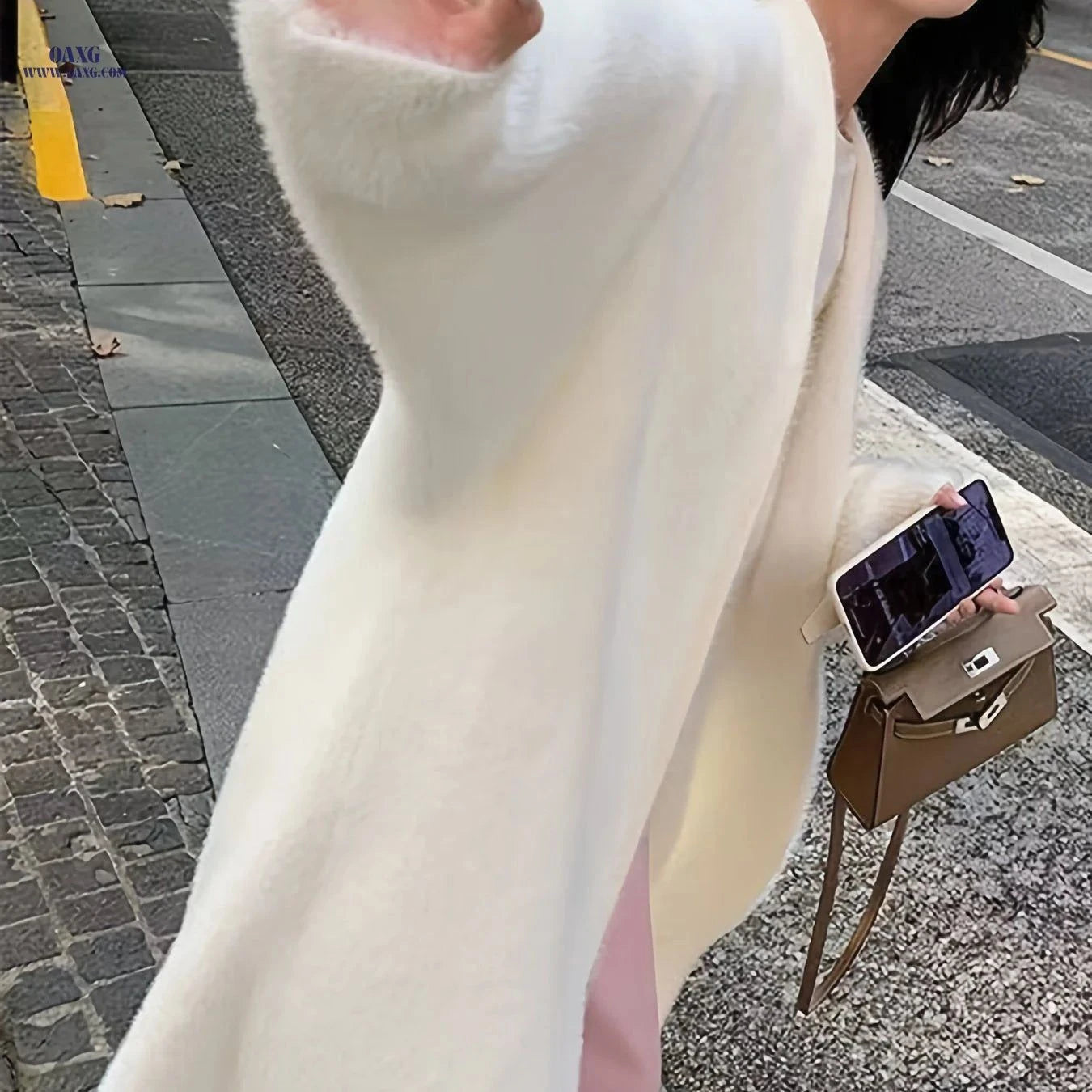 OAXG Women's Faux Mink Velvet Sweater - Elegant Mid-Length Cardigan   OAXG White / Asian S/M