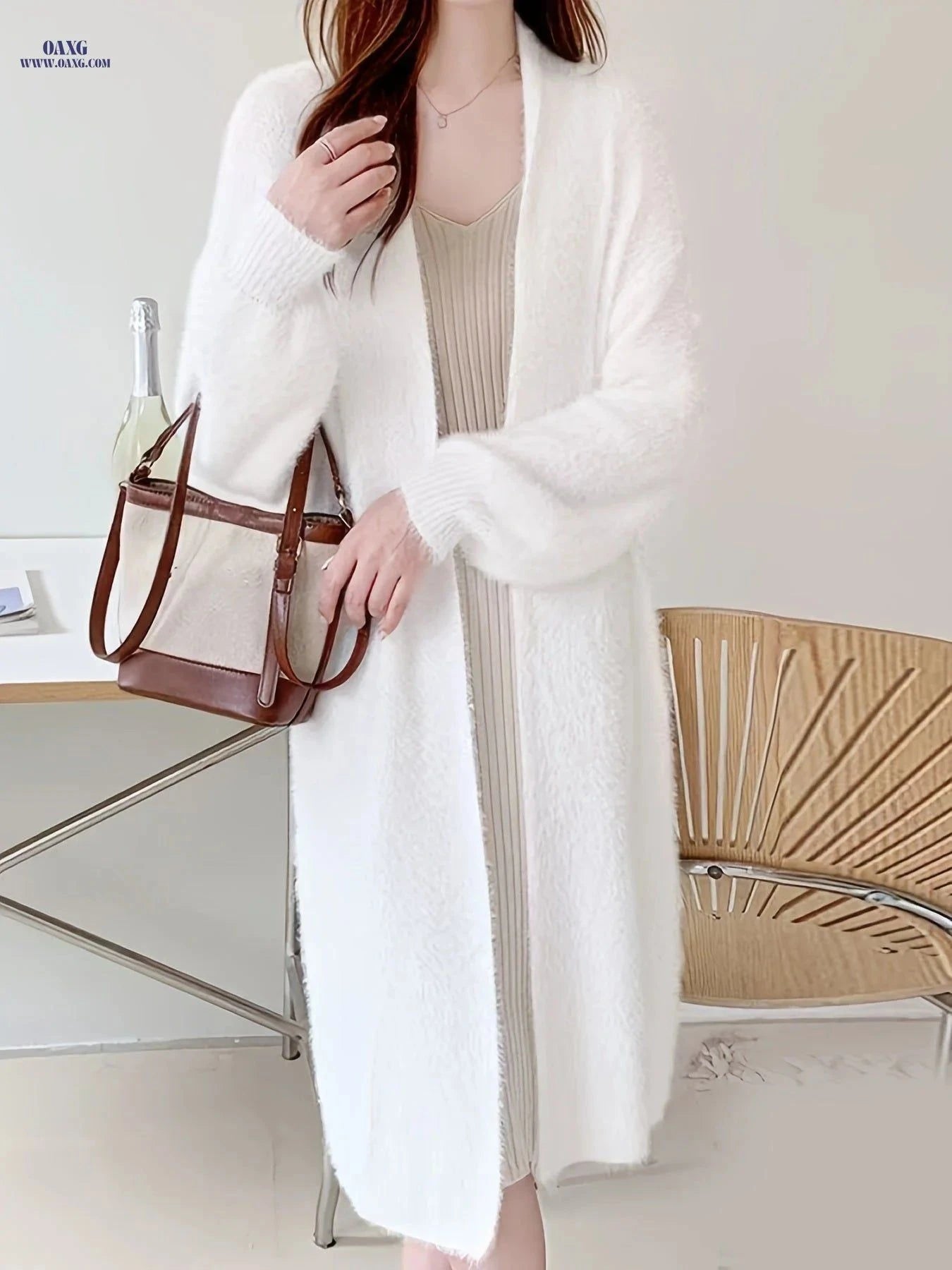 OAXG Women's Faux Mink Velvet Sweater - Elegant Mid-Length Cardigan   OAXG White / Asian S/M