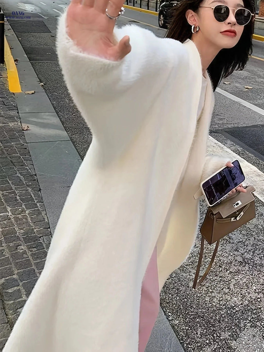 OAXG Women's Faux Mink Velvet Sweater - Elegant Mid-Length Cardigan   OAXG White / Asian S/M