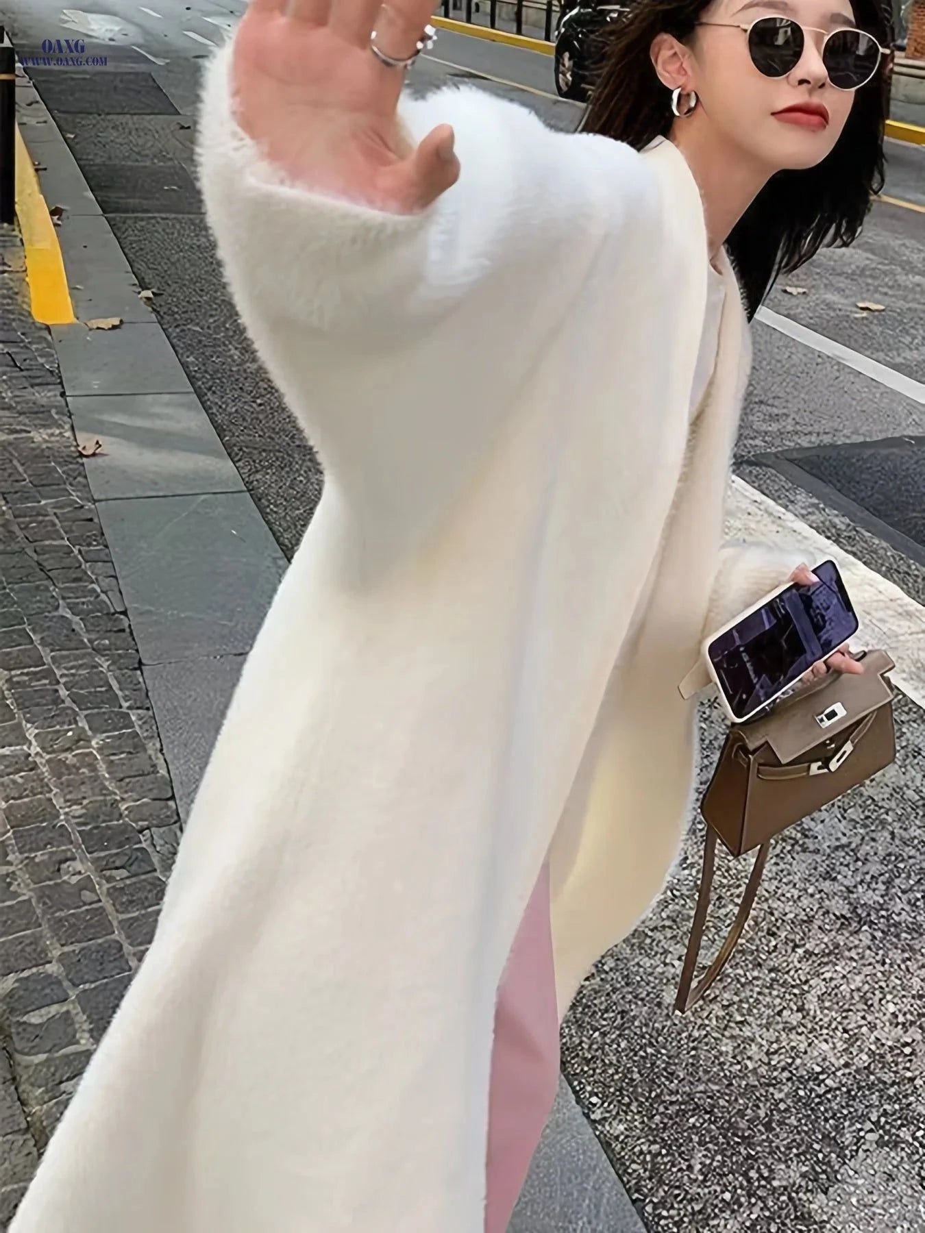 OAXG Women's Faux Mink Velvet Sweater - Elegant Mid-Length Cardigan   OAXG White / Asian S/M