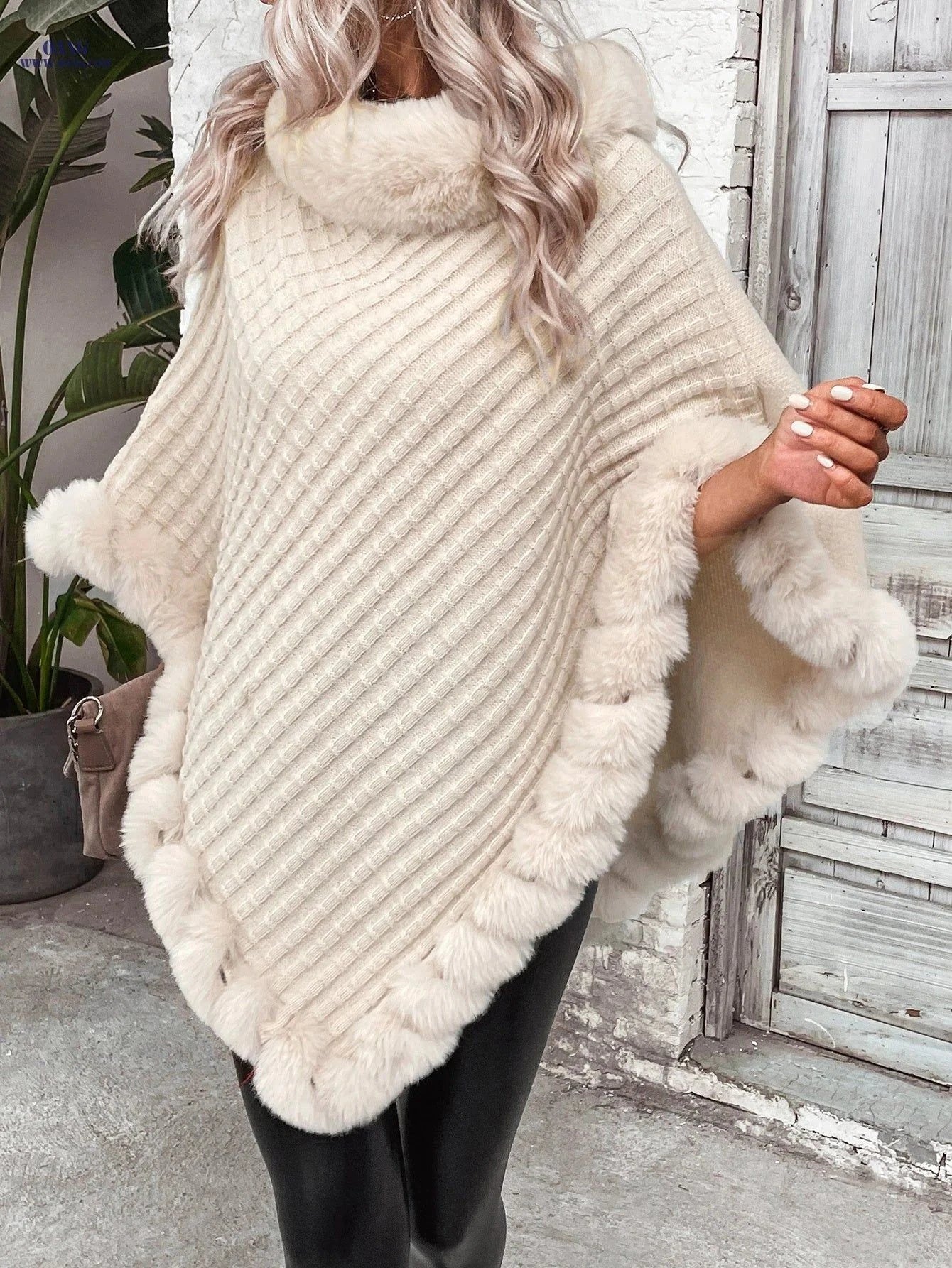 OAXG Women's Faux Trim Cape Shawl Coat - Elegant Knit for Fall/Winter   OAXG Apricot / S