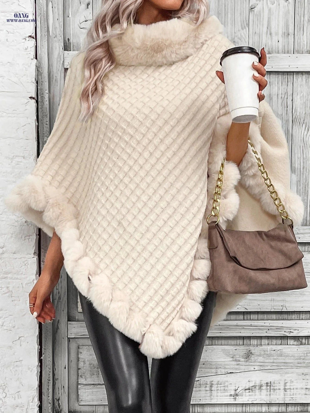 OAXG Women's Faux Trim Cape Shawl Coat - Elegant Knit for Fall/Winter   OAXG Apricot / S