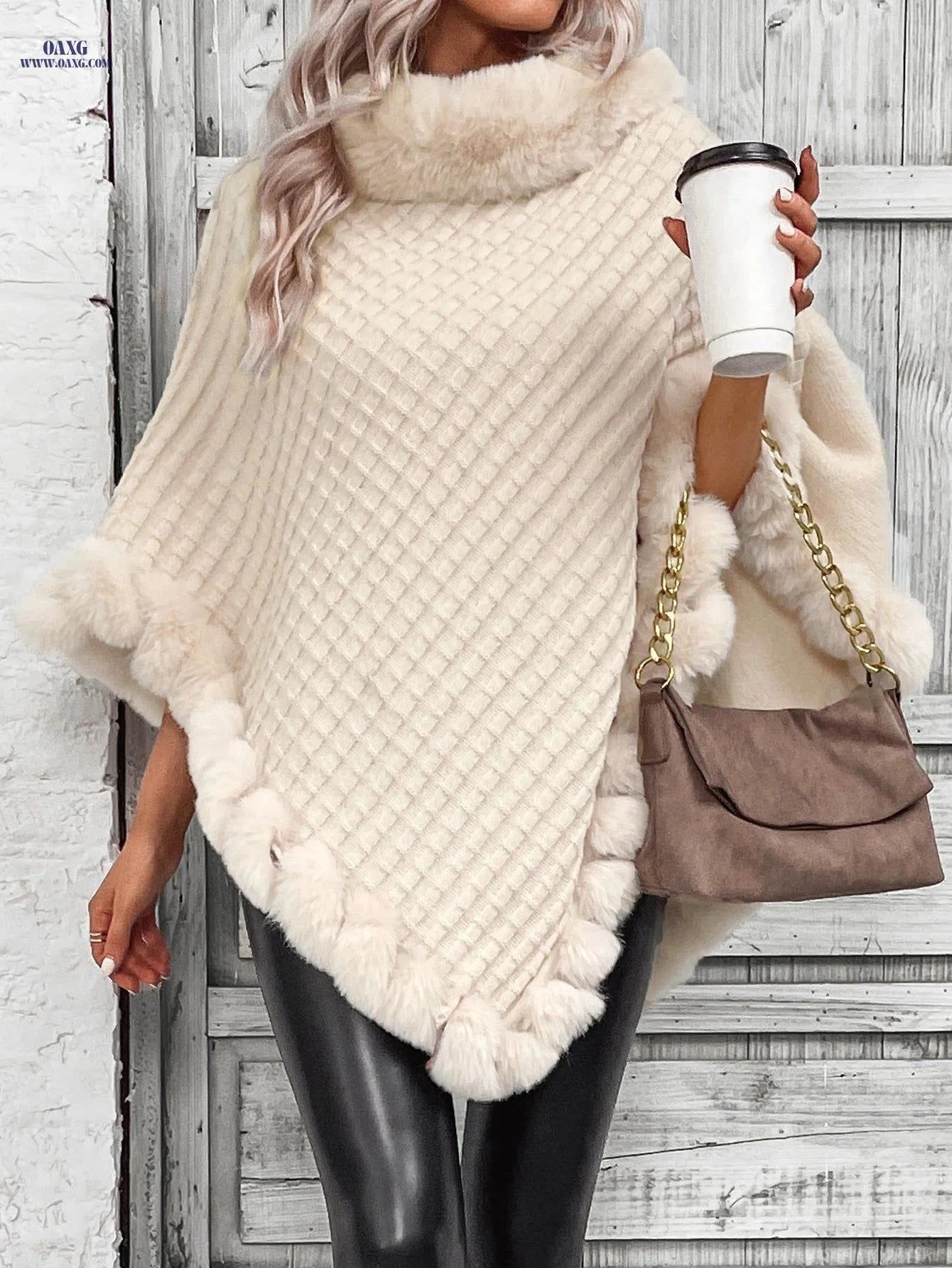 OAXG Women's Faux Trim Cape Shawl Coat - Elegant Knit for Fall/Winter   OAXG Apricot / S
