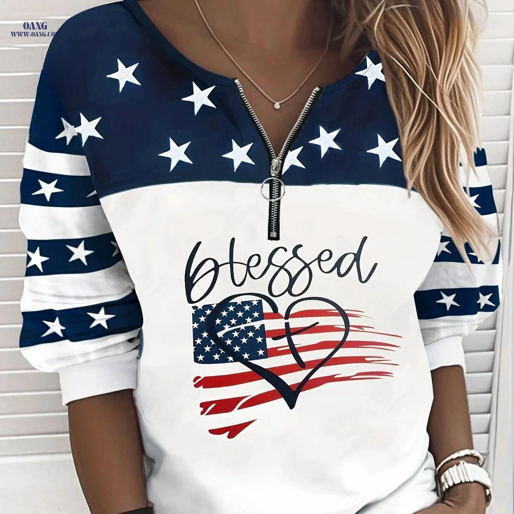 OAXG Women's Flag Blessing Sweatshirt - Casual Striped Zip Top   OAXG White / S