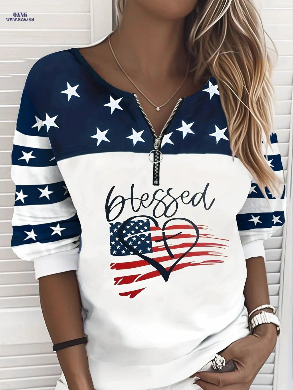 OAXG Women's Flag Blessing Sweatshirt - Casual Striped Zip Top   OAXG White / S
