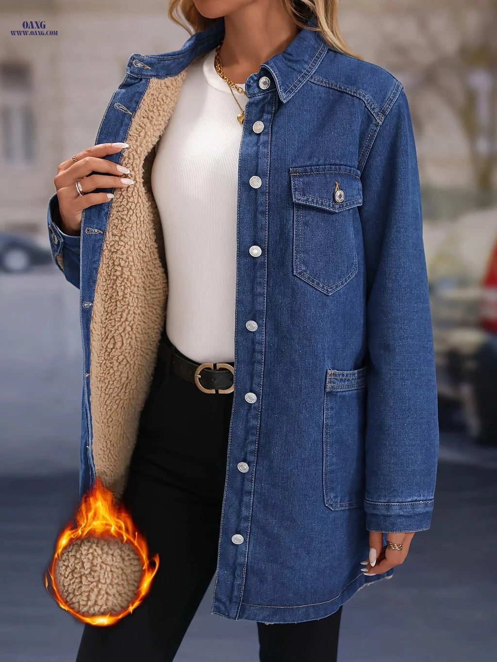 OAXG Women's Fleece-Lined Denim Jacket - Elegant Warm Outerwear   OAXG 