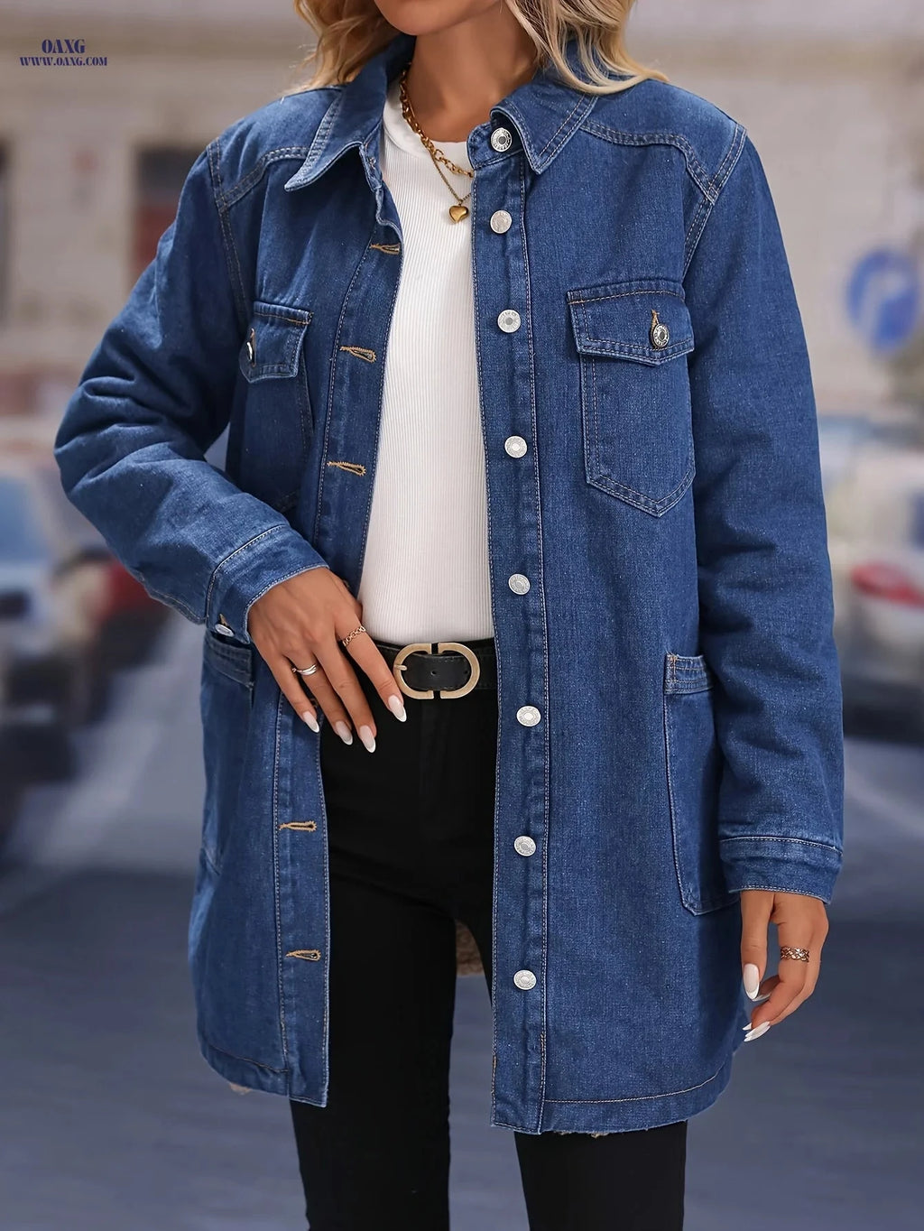 OAXG Women's Fleece-Lined Denim Jacket - Elegant Warm Outerwear   OAXG 