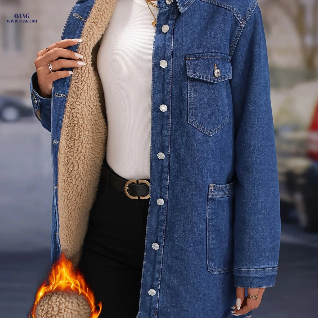 OAXG Women's Fleece-Lined Denim Jacket - Elegant Warm Outerwear   OAXG 