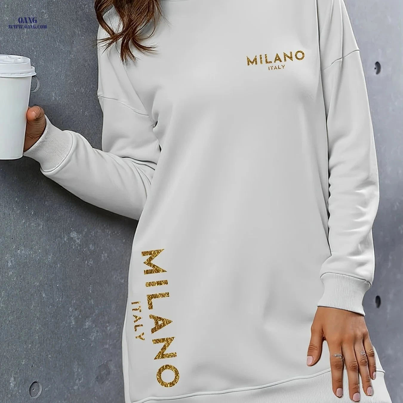 OAXG Women's Fleece-Lined Hoodie Dress - Casual and Versatile Style   OAXG White / S