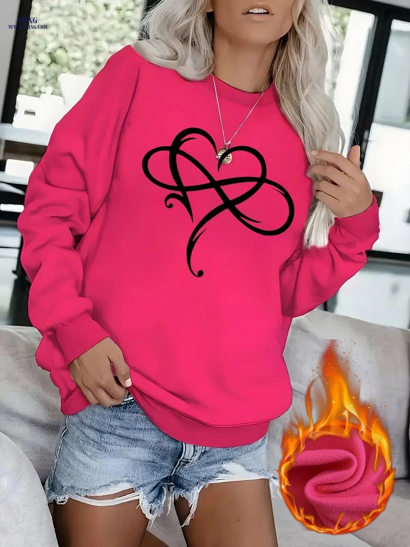 OAXG Women's Fleece Sweatshirt - Cozy Heart Pattern, Round Neck Style   OAXG Cyan / XS