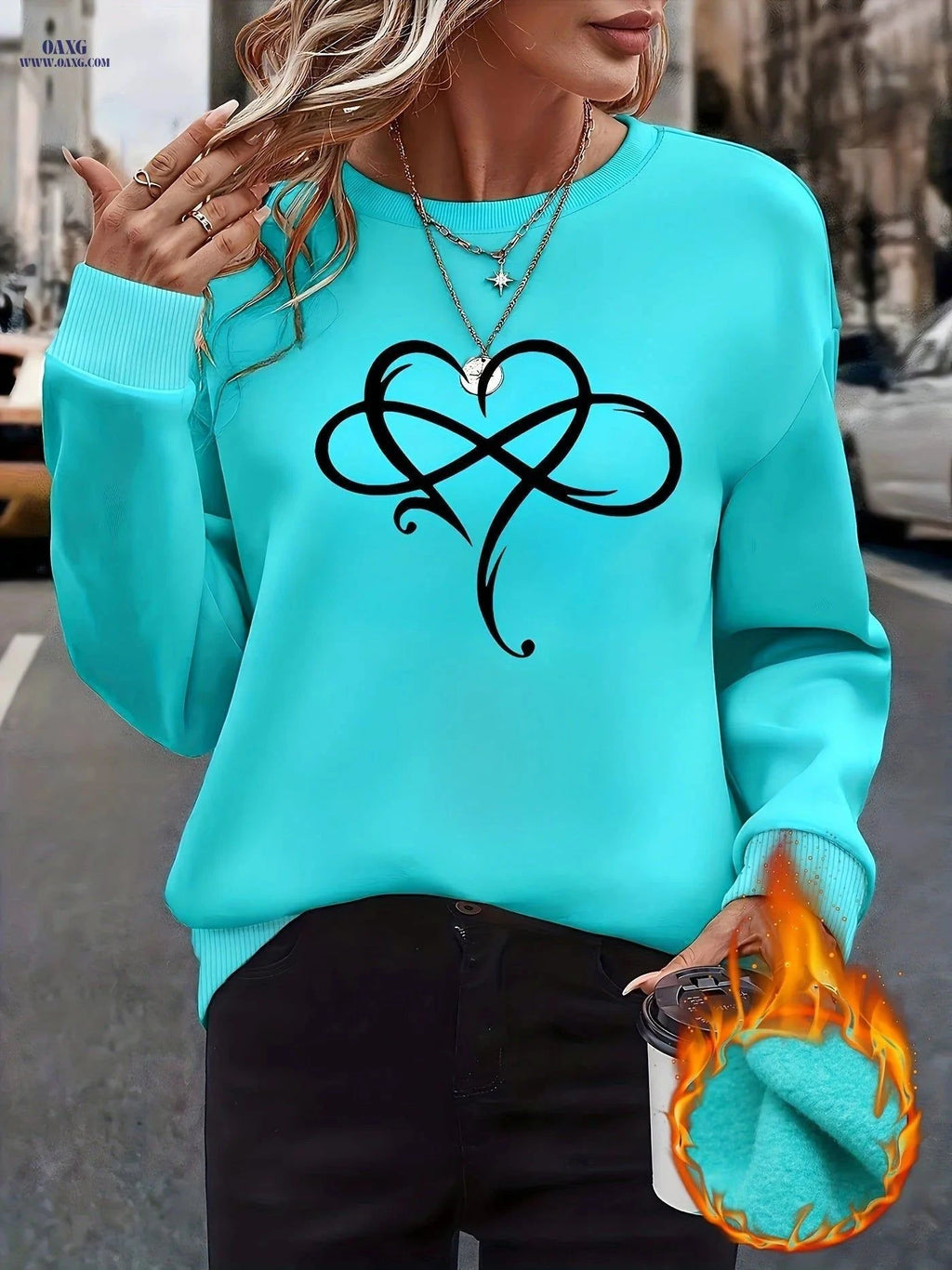 OAXG Women's Fleece Sweatshirt - Cozy Heart Pattern, Round Neck Style   OAXG Cyan / XS