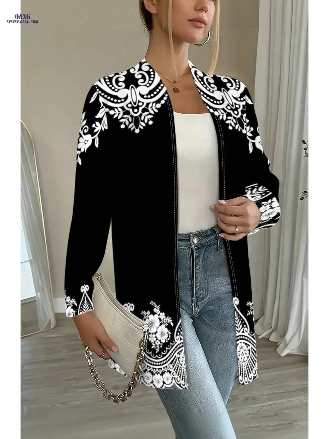 OAXG Women's Floral Print Open Front Jacket - Lightweight Casual Style   OAXG 
