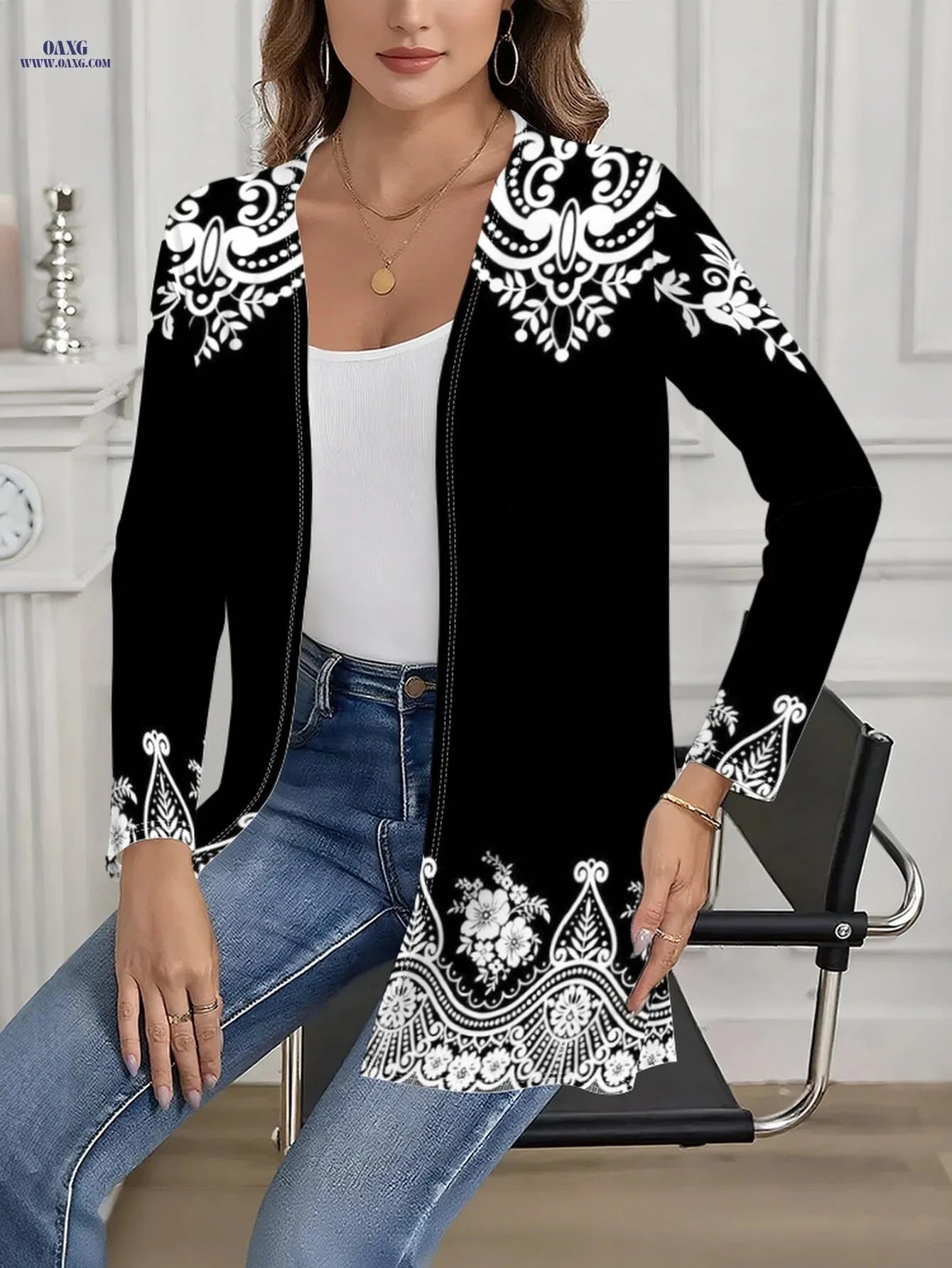 OAXG Women's Floral Print Open Front Jacket - Lightweight Casual Style   OAXG 