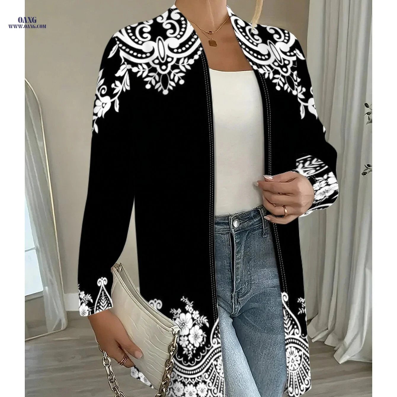 OAXG Women's Floral Print Open Front Jacket - Lightweight Casual Style   OAXG 