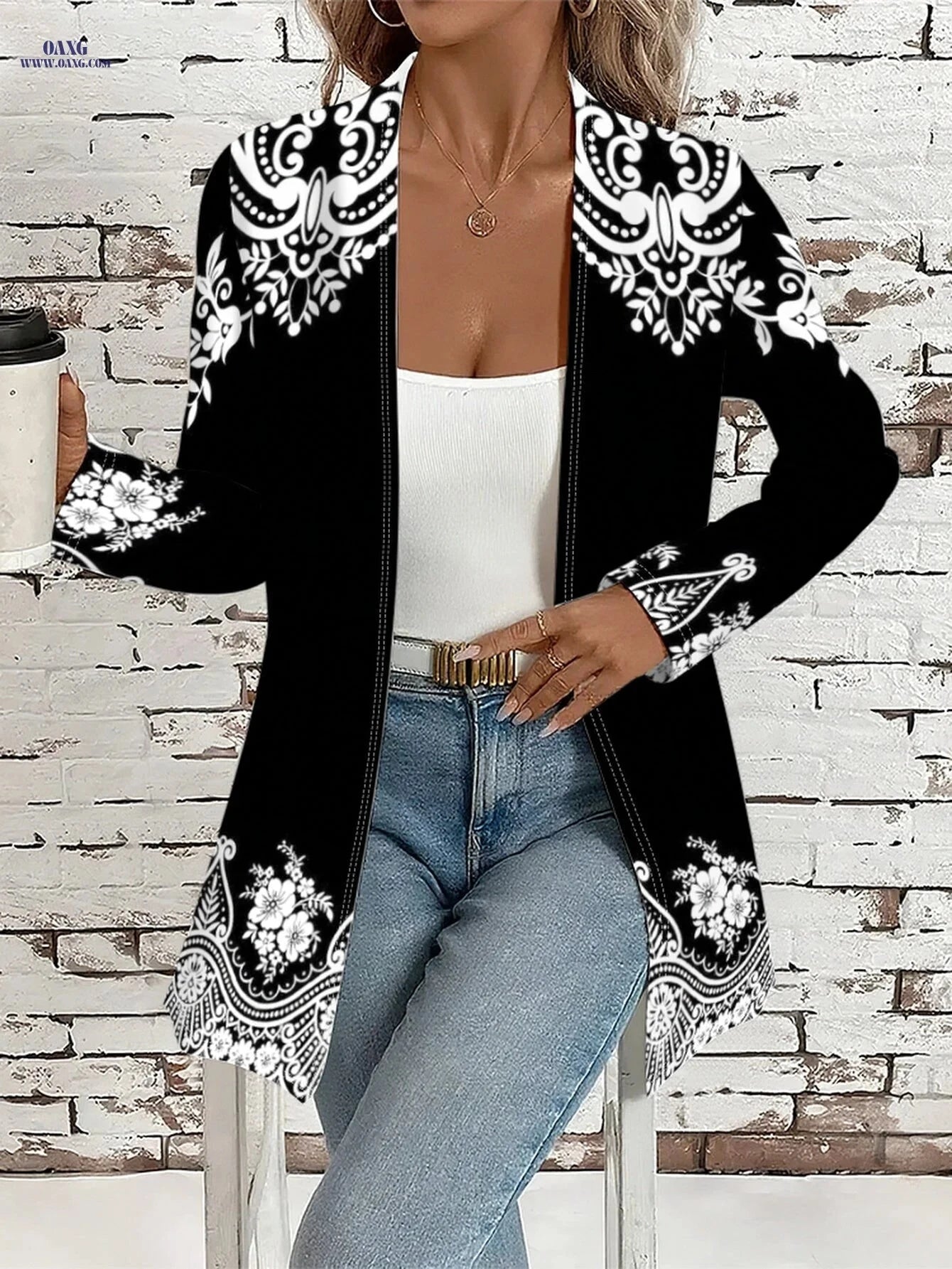 OAXG Women's Floral Print Open Front Jacket - Lightweight Casual Style   OAXG 