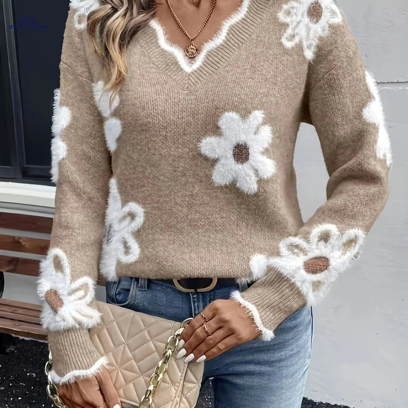 OAXG Women's Floral Sweater - Elegant V-Neck for Spring/Fall   OAXG Grey / XS