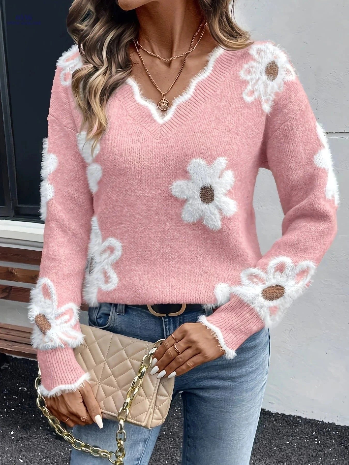 OAXG Women's Floral Sweater - Elegant V-Neck for Spring/Fall   OAXG Grey / XS