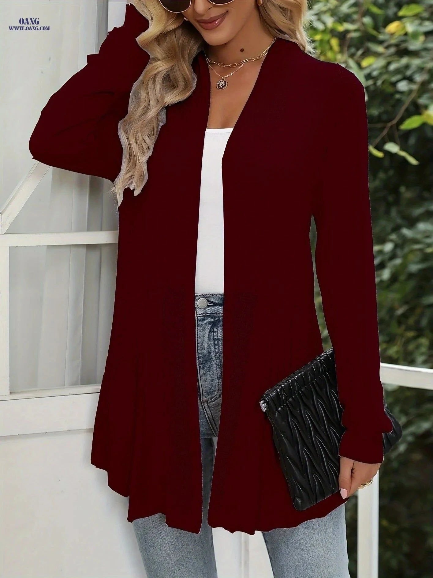 OAXG Women's Four Seasons Long Hollow Cardigan - Elegant Knit Style   OAXG White / S