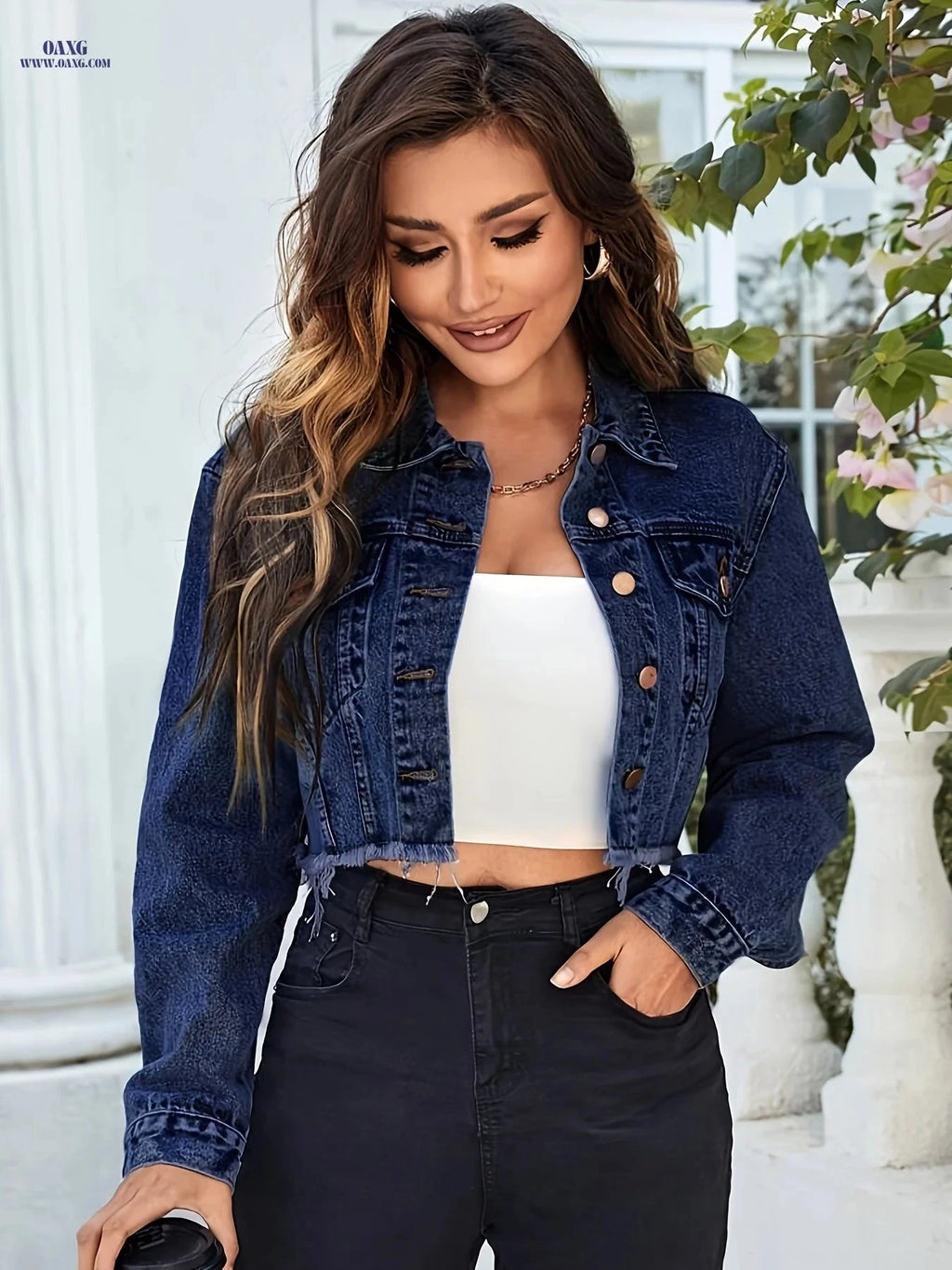 OAXG Women's Frayed Hem Denim Jacket - Casual Spring/Fall Outerwear   OAXG 