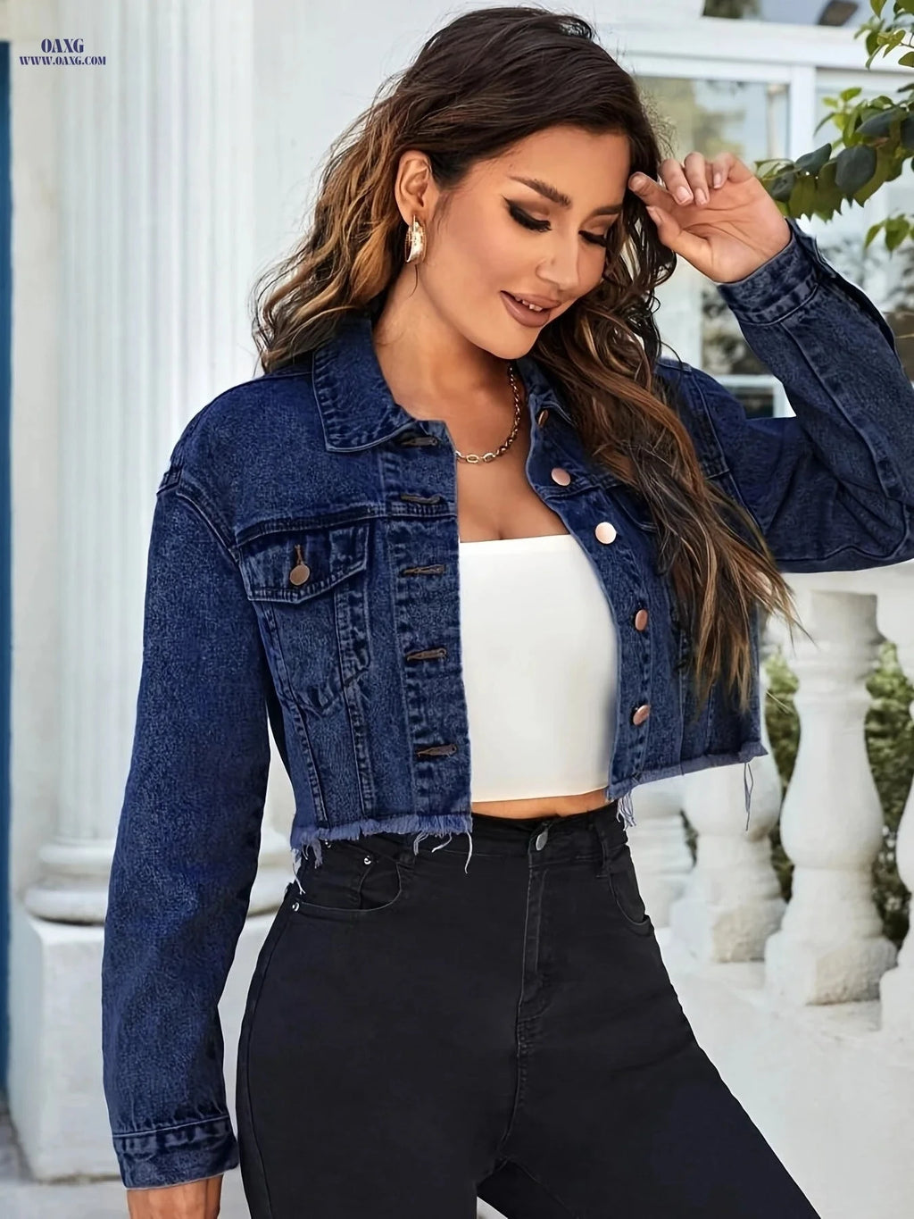 OAXG Women's Frayed Hem Denim Jacket - Casual Spring/Fall Outerwear   OAXG 