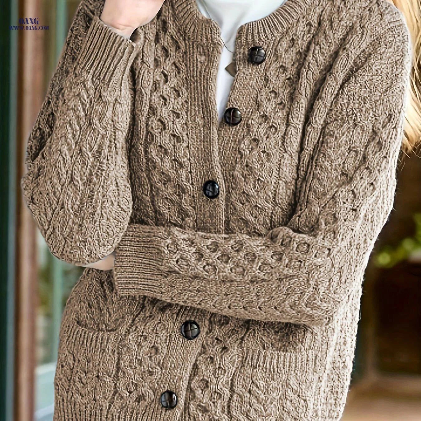 OAXG Women's Geometric Sweater Cardigan - Casual Fall/Winter Style   OAXG Sea Blue / S