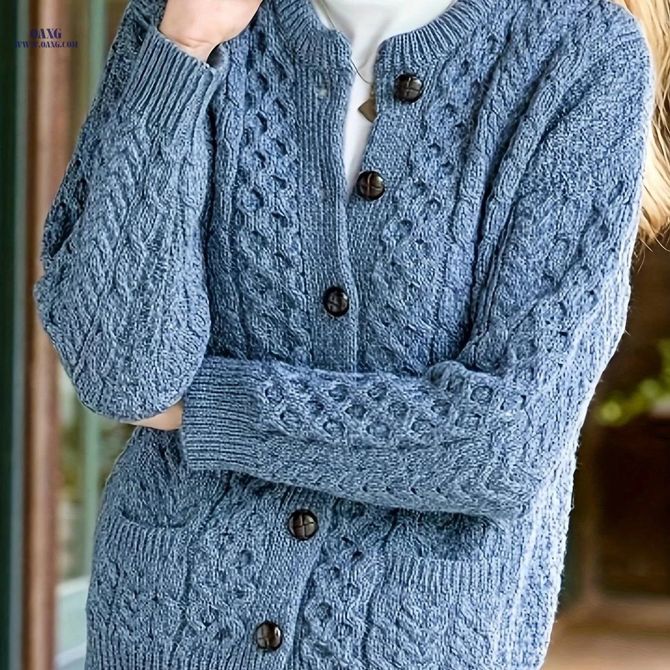 OAXG Women's Geometric Sweater Cardigan - Casual Fall/Winter Style   OAXG Sea Blue / S
