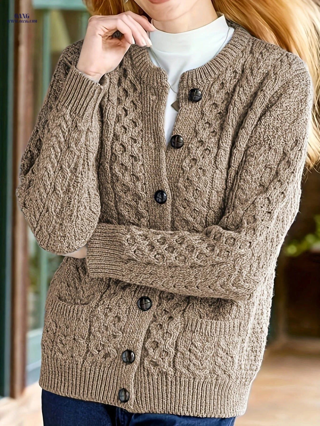 OAXG Women's Geometric Sweater Cardigan - Casual Fall/Winter Style   OAXG Sea Blue / S