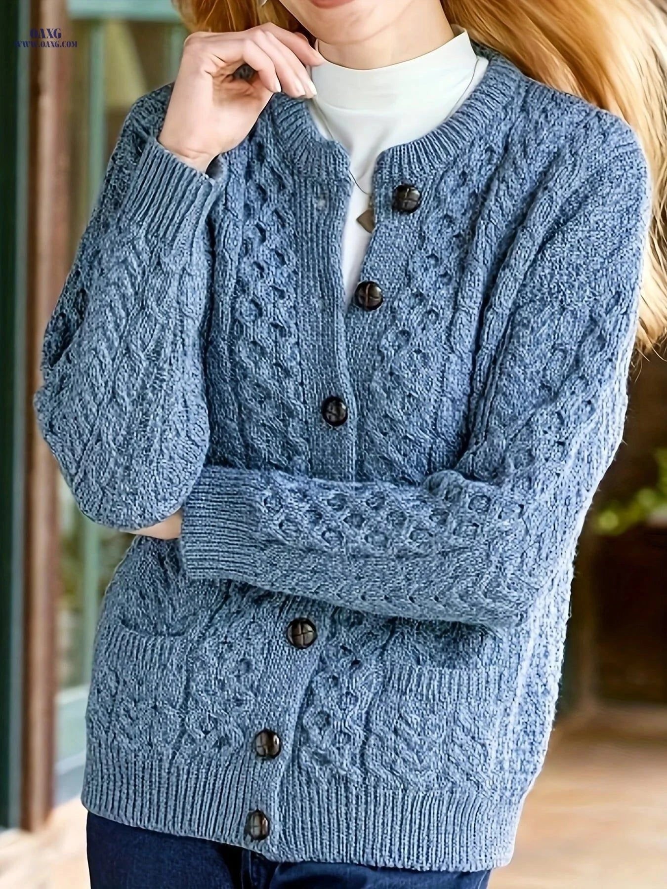 OAXG Women's Geometric Sweater Cardigan - Casual Fall/Winter Style   OAXG Sea Blue / S