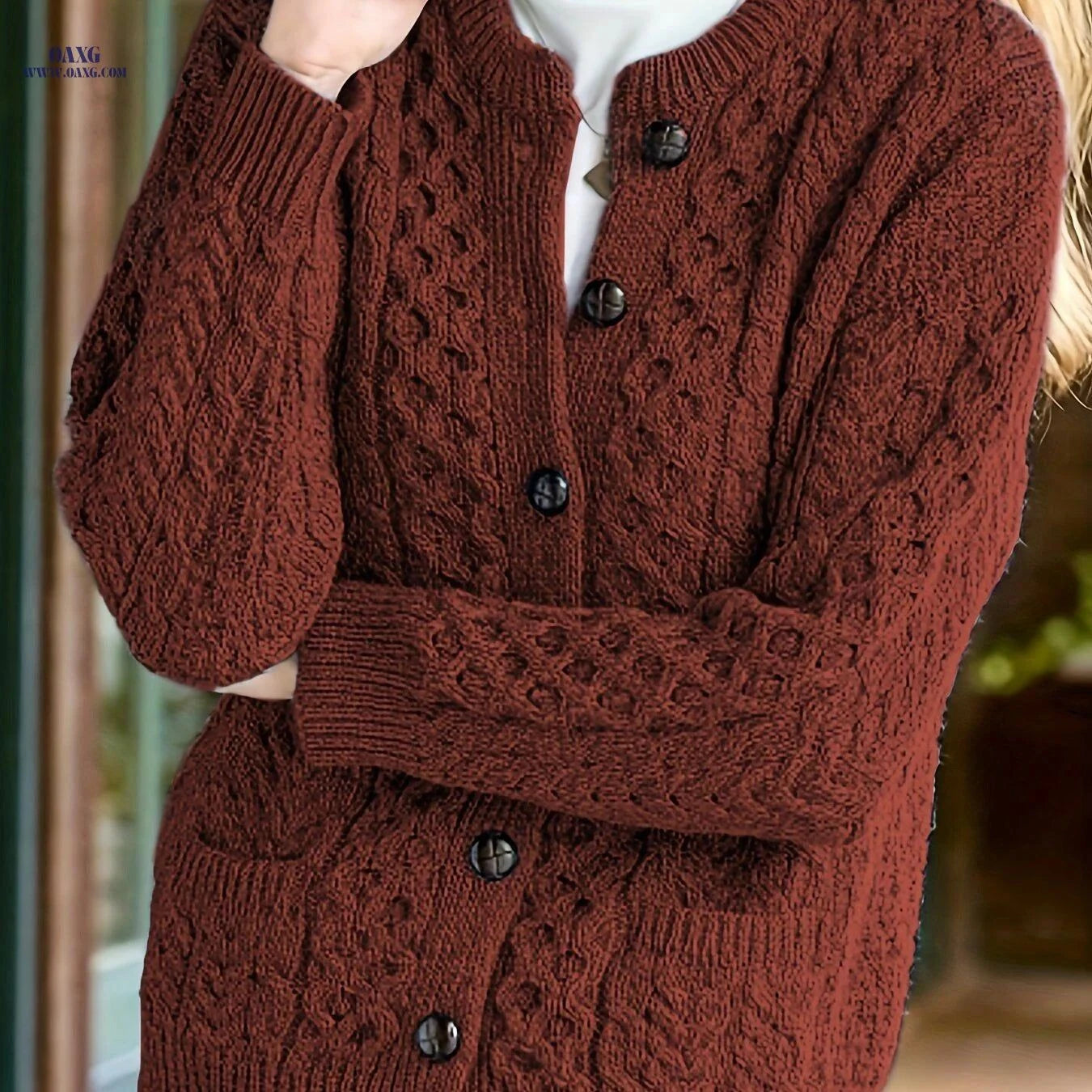 OAXG Women's Geometric Sweater Cardigan - Casual Fall/Winter Style   OAXG Sea Blue / S