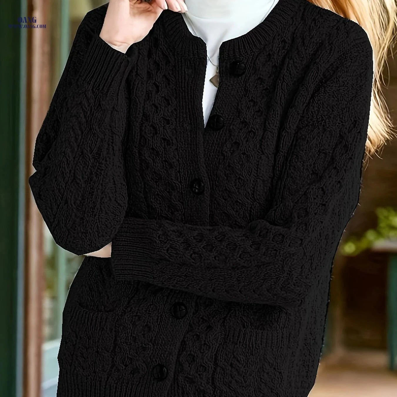 OAXG Women's Geometric Sweater Cardigan - Casual Fall/Winter Style   OAXG Sea Blue / S