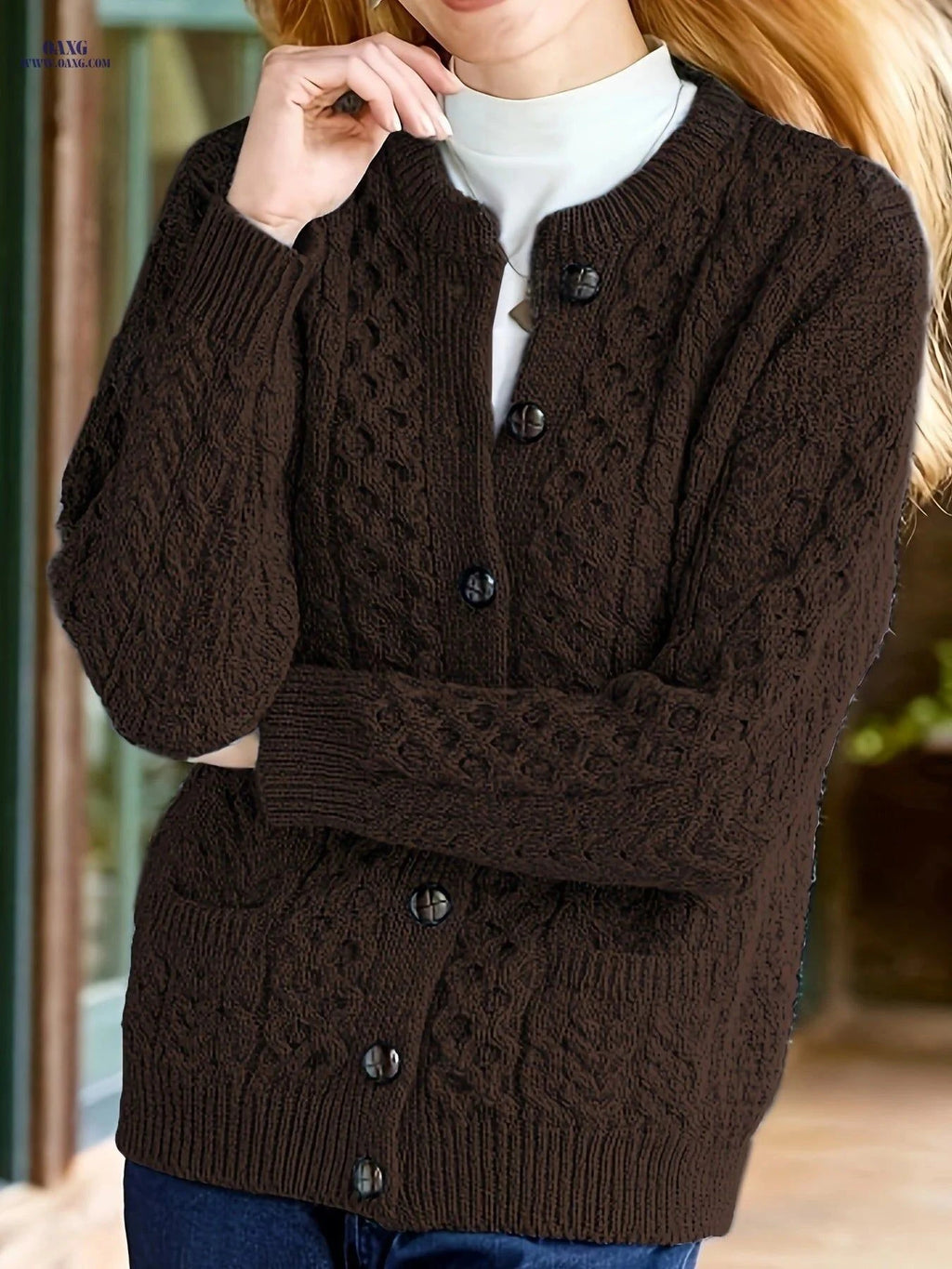 OAXG Women's Geometric Sweater Cardigan - Casual Fall/Winter Style   OAXG Sea Blue / S