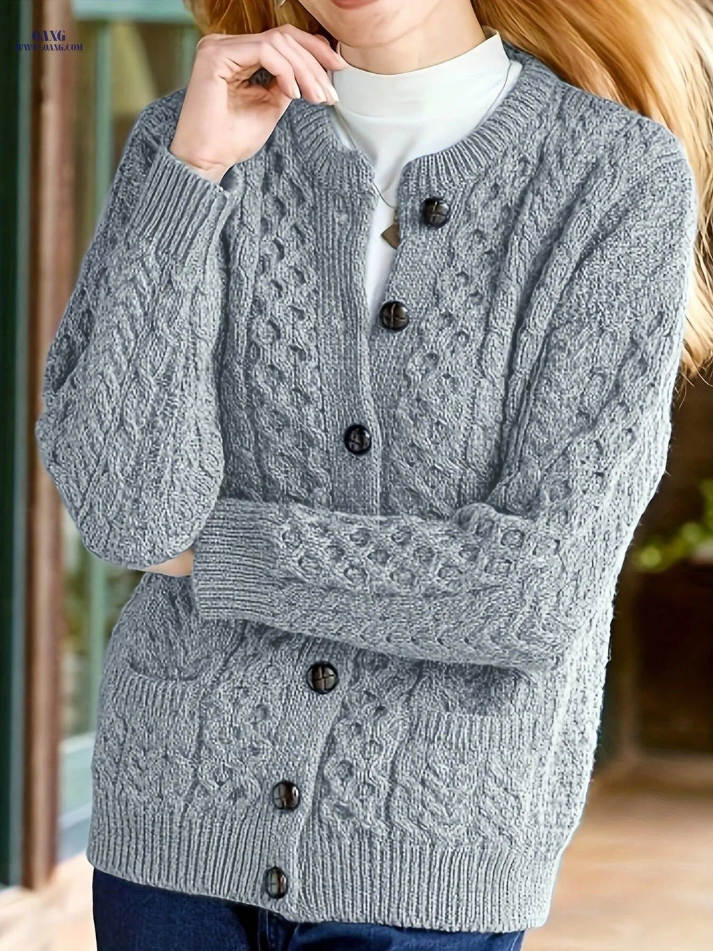 OAXG Women's Geometric Sweater Cardigan - Casual Fall/Winter Style   OAXG Sea Blue / S