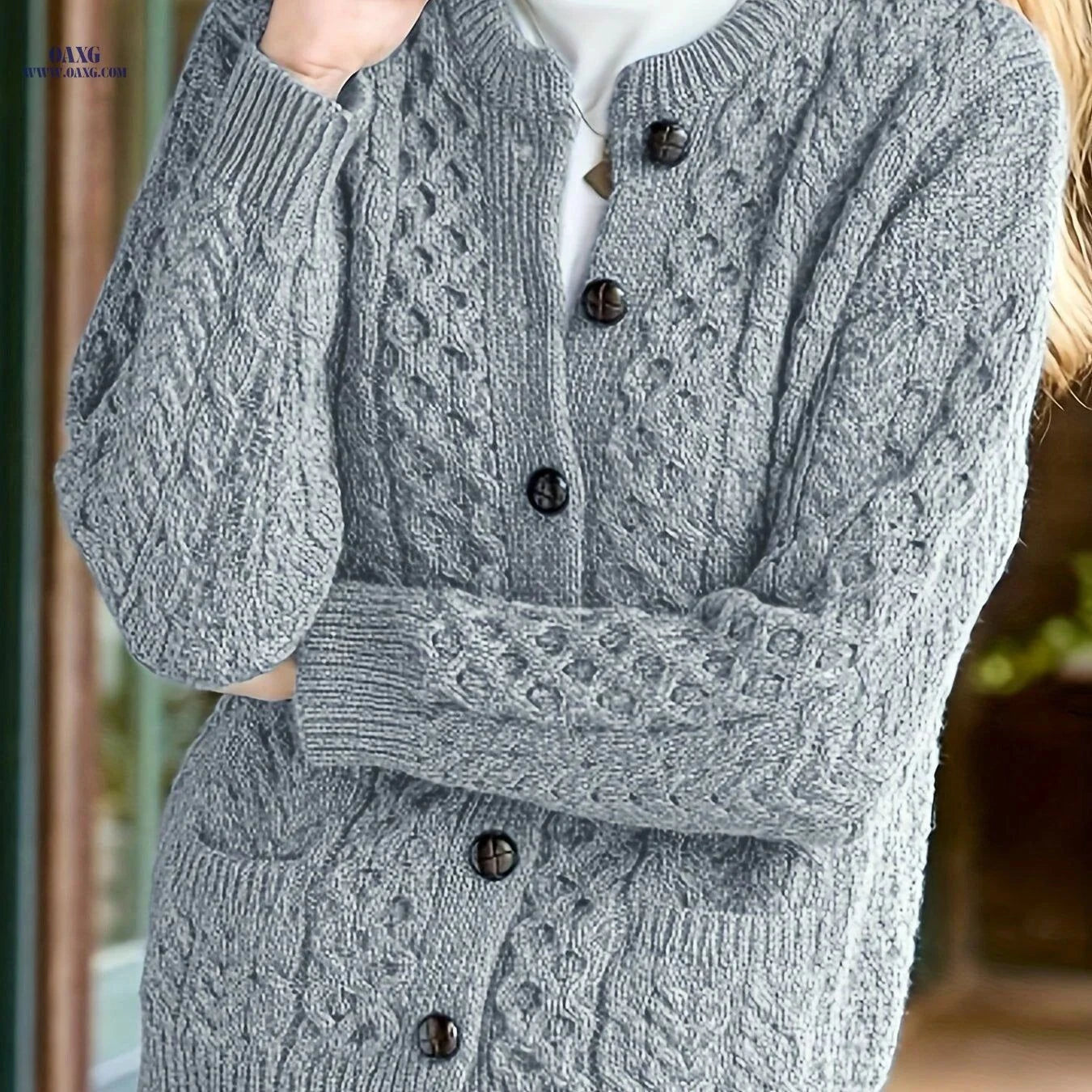 OAXG Women's Geometric Sweater Cardigan - Casual Fall/Winter Style   OAXG Sea Blue / S