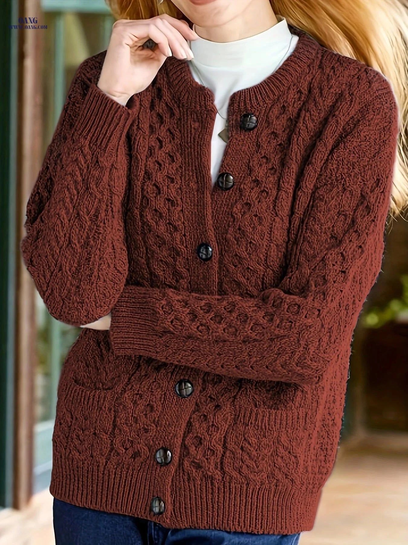 OAXG Women's Geometric Sweater Cardigan - Casual Fall/Winter Style   OAXG Sea Blue / S