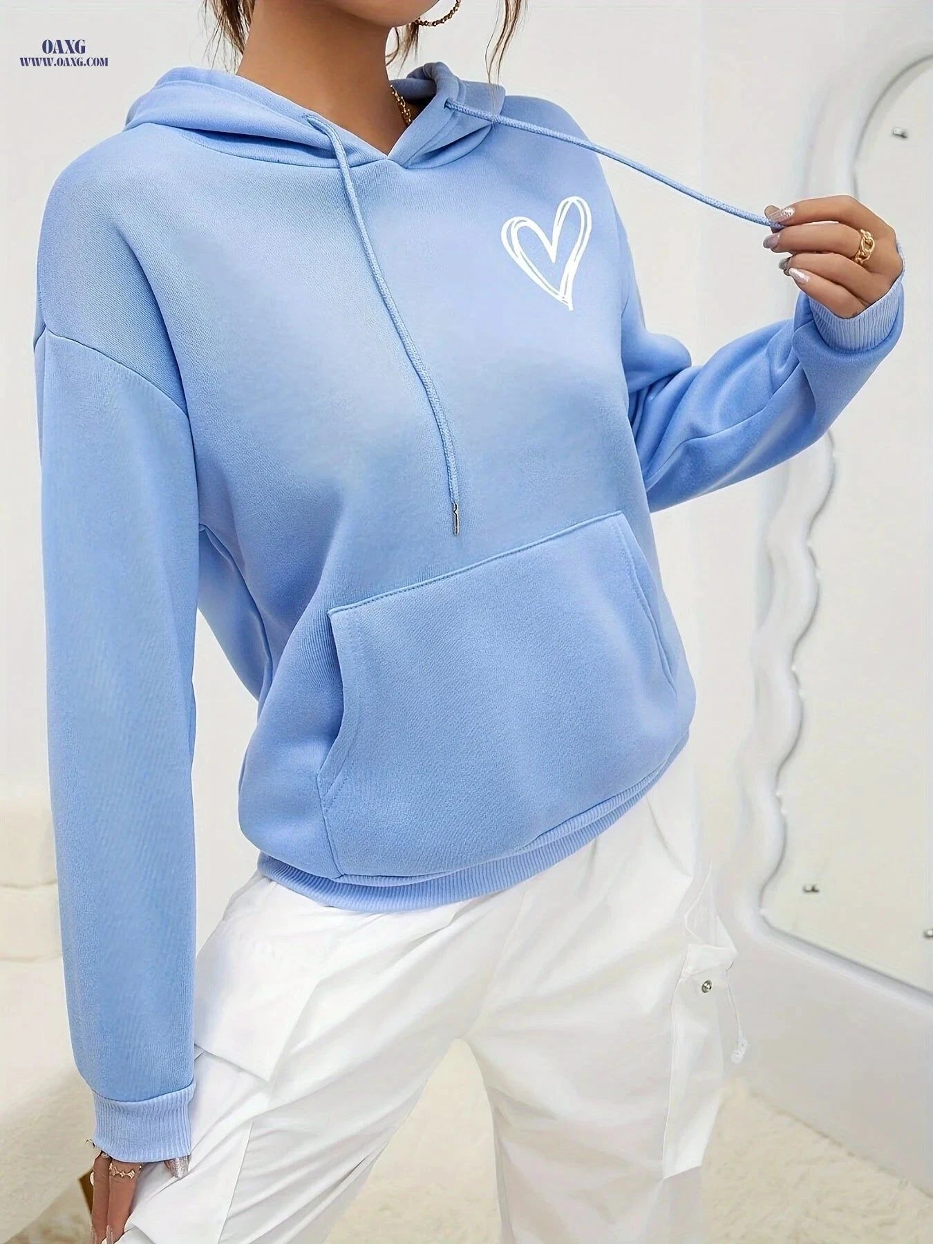 OAXG Women's Graphic Print Hoodie - Casual Drawstring Sweatshirt   OAXG Sky Blue / XS
