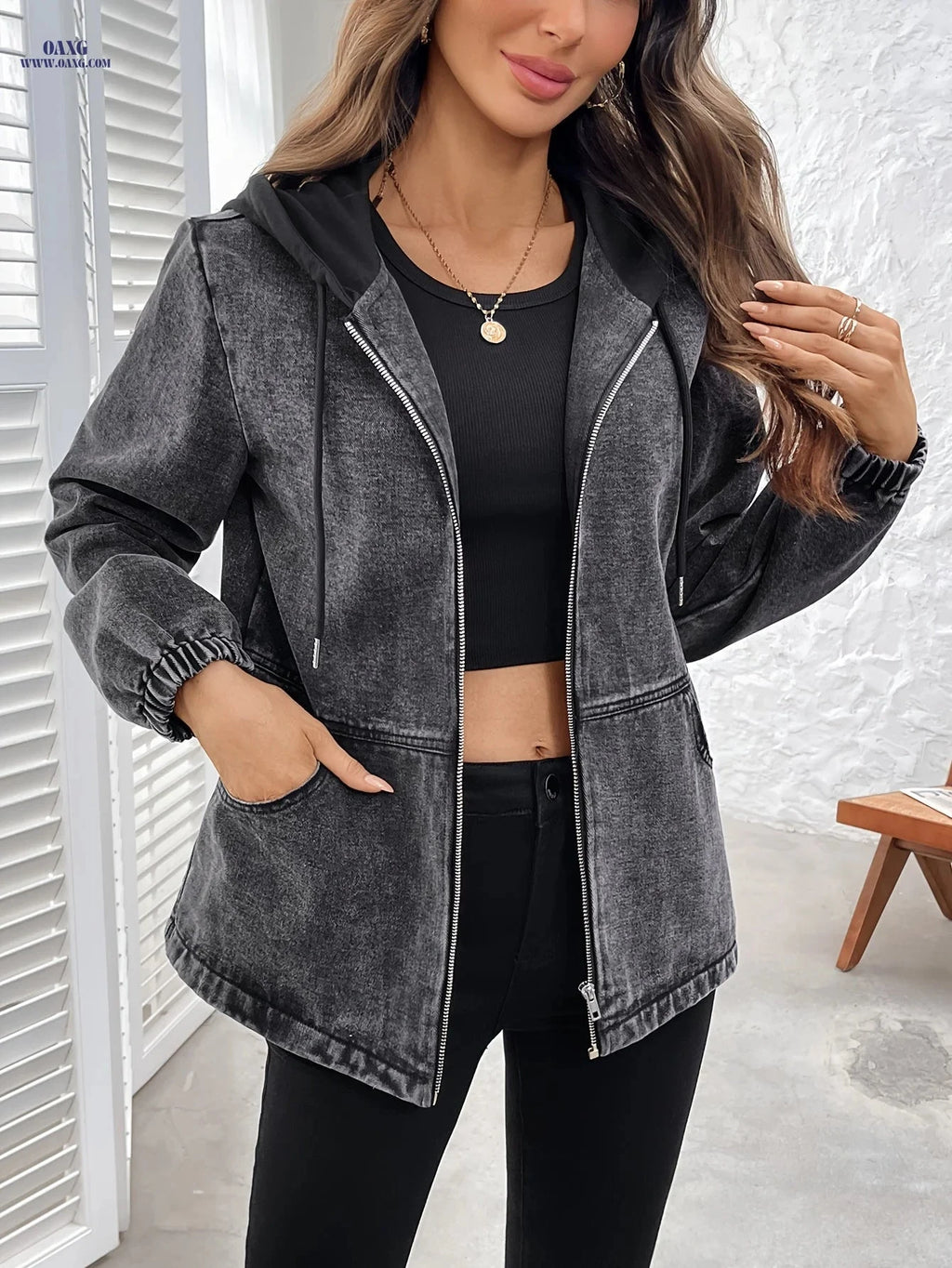 OAXG Women's Gray Denim Zip-Up Jacket - Loose Fit, Hooded Design   OAXG 