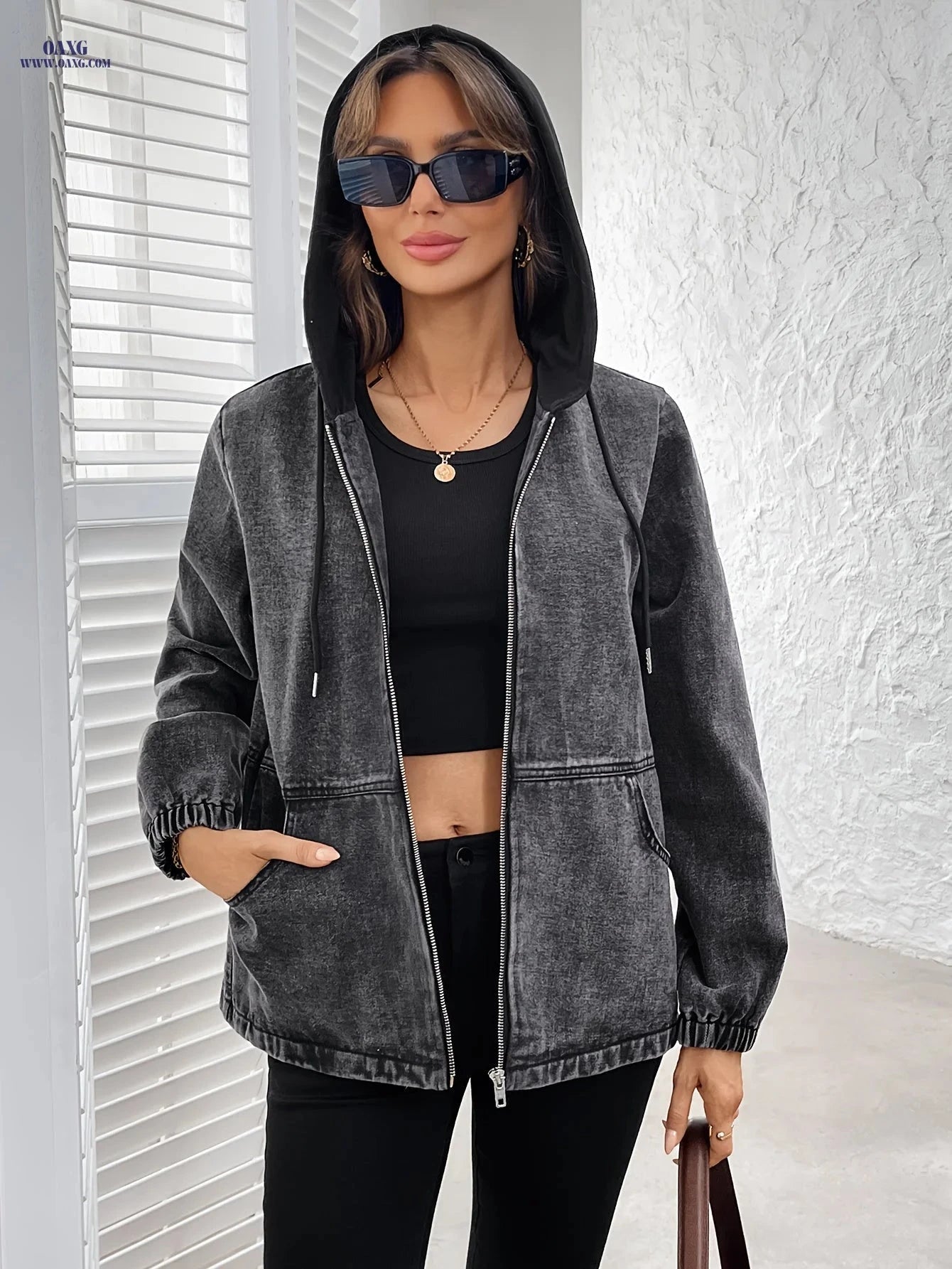 OAXG Women's Gray Denim Zip-Up Jacket - Loose Fit, Hooded Design   OAXG 