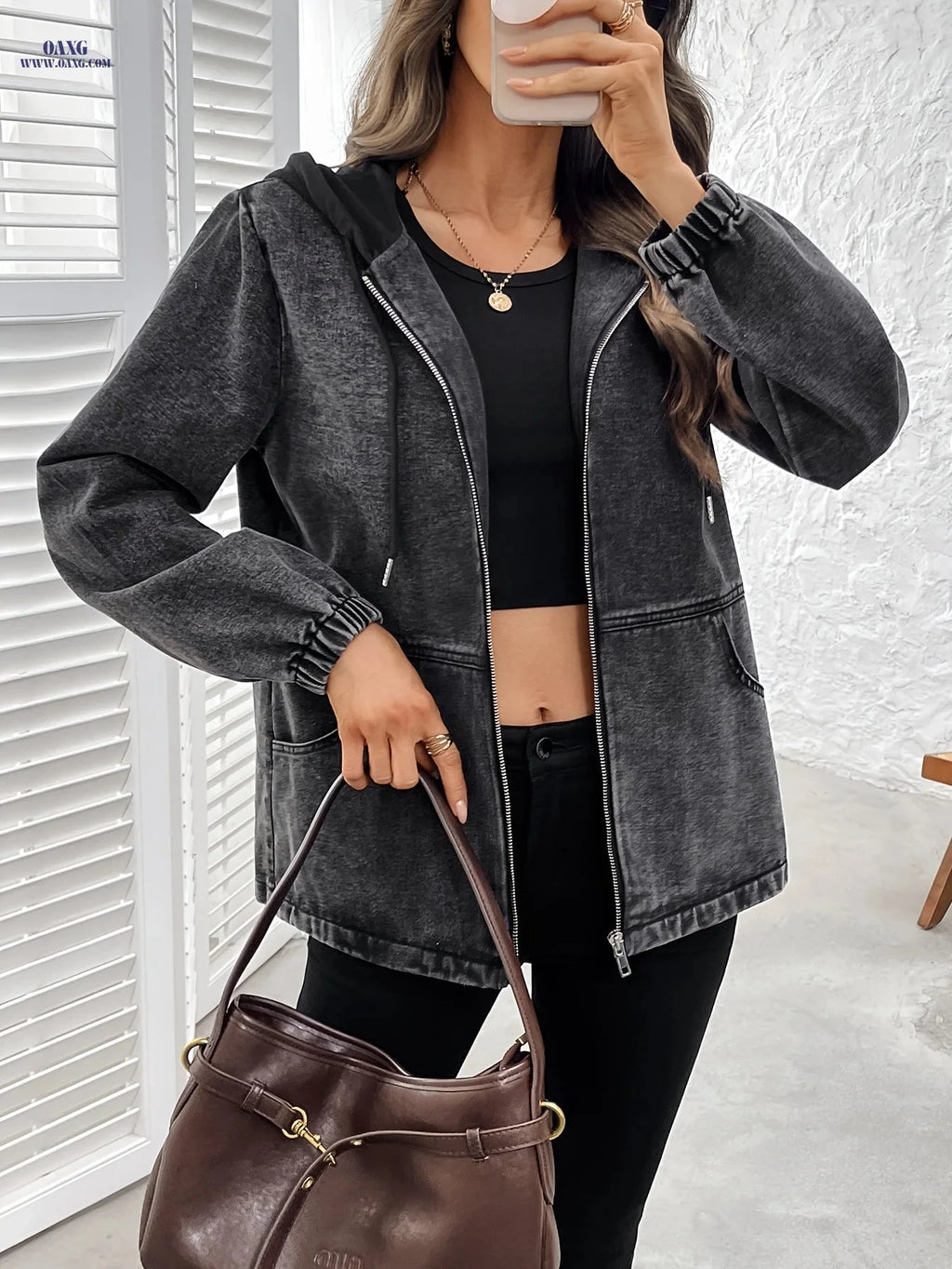 OAXG Women's Gray Denim Zip-Up Jacket - Loose Fit, Hooded Design   OAXG 
