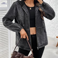 OAXG Women's Gray Denim Zip-Up Jacket - Loose Fit, Hooded Design   OAXG 
