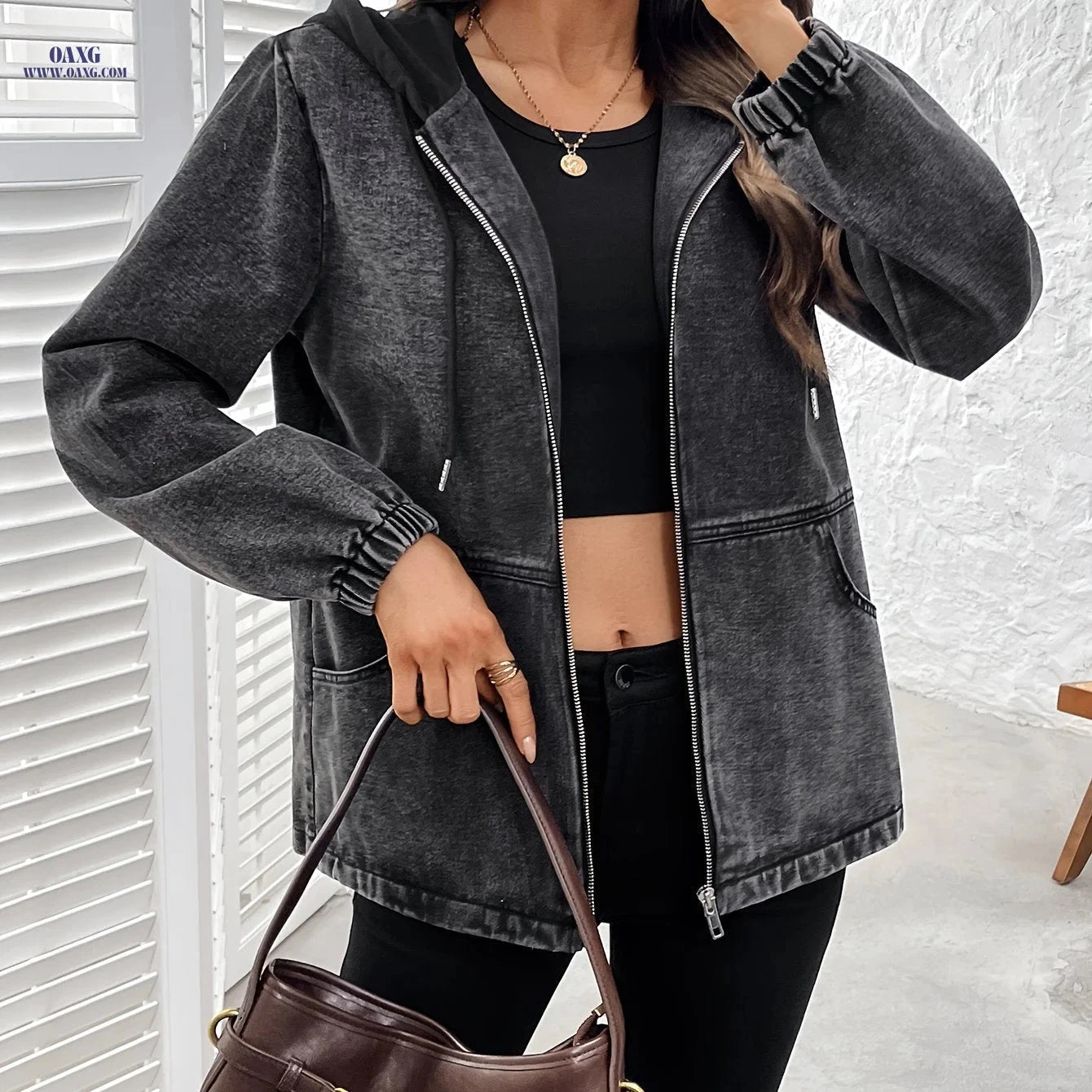 OAXG Women's Gray Denim Zip-Up Jacket - Loose Fit, Hooded Design   OAXG 
