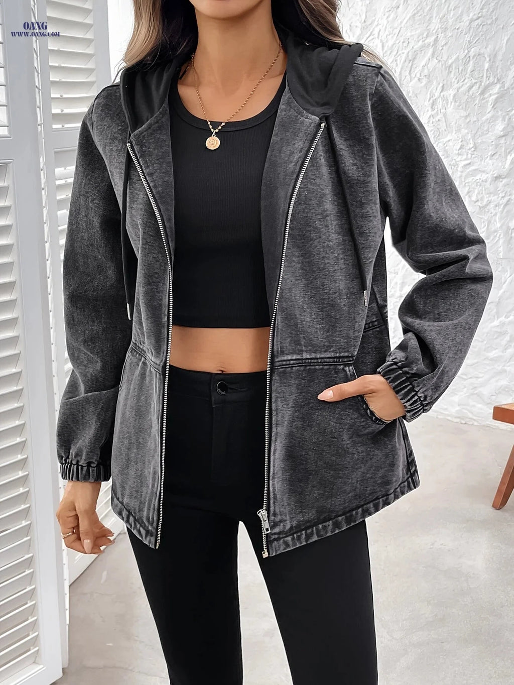 OAXG Women's Gray Denim Zip-Up Jacket - Loose Fit, Hooded Design   OAXG 