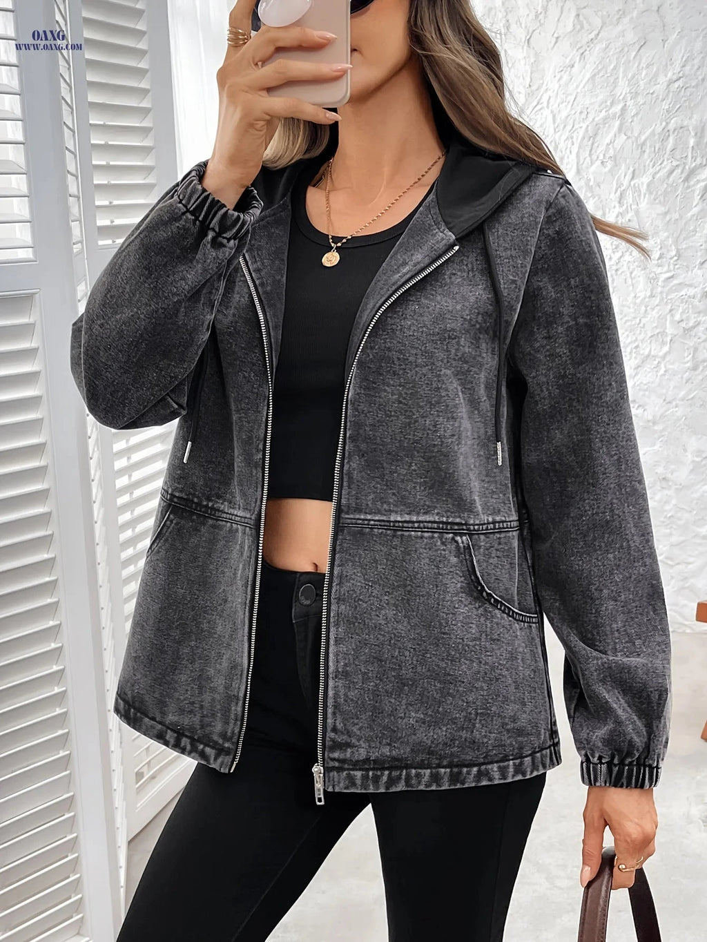 OAXG Women's Gray Denim Zip-Up Jacket - Loose Fit, Hooded Design   OAXG 