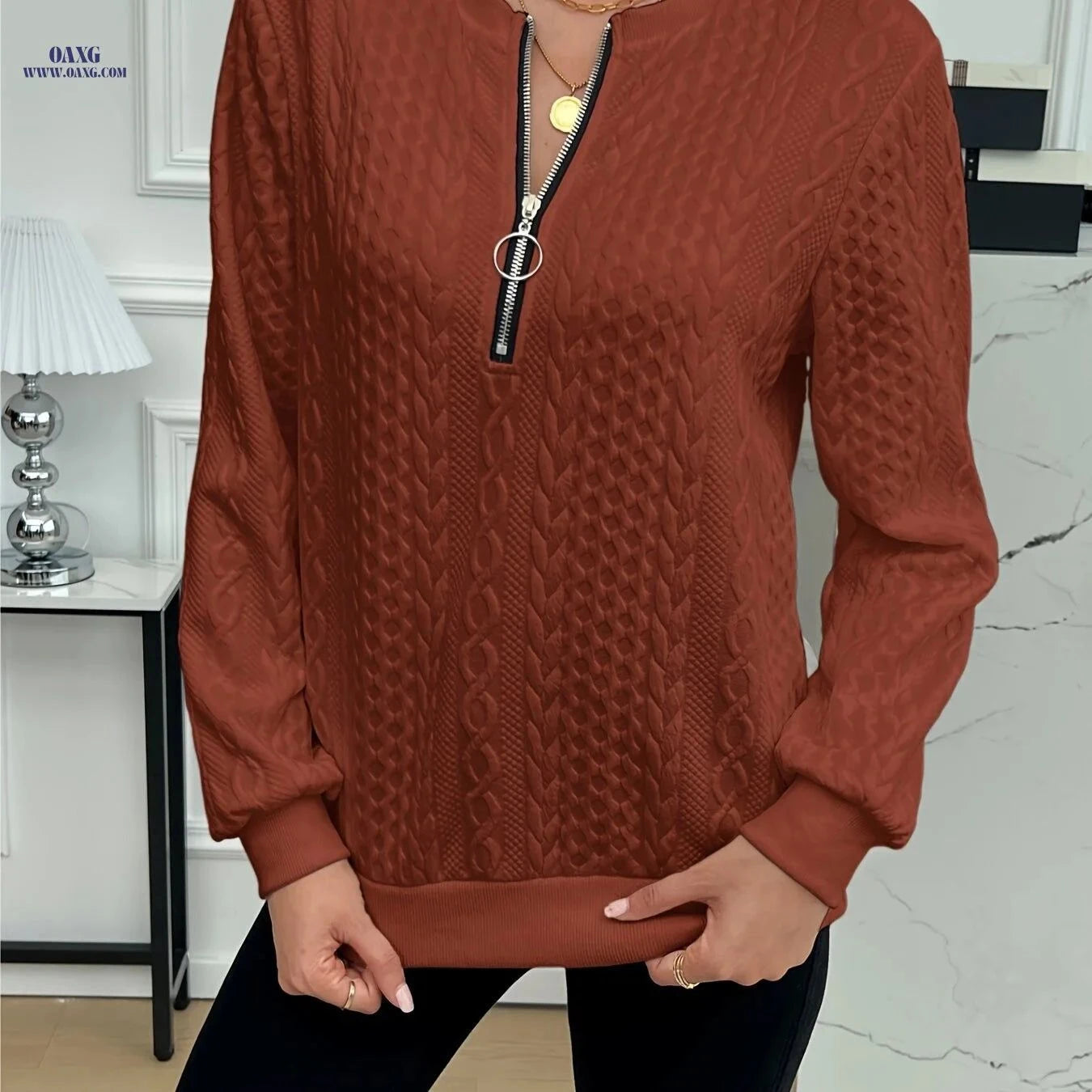 OAXG Women's Half Zip Sweatshirt - Casual Long Sleeve Top for Fall   OAXG White / S