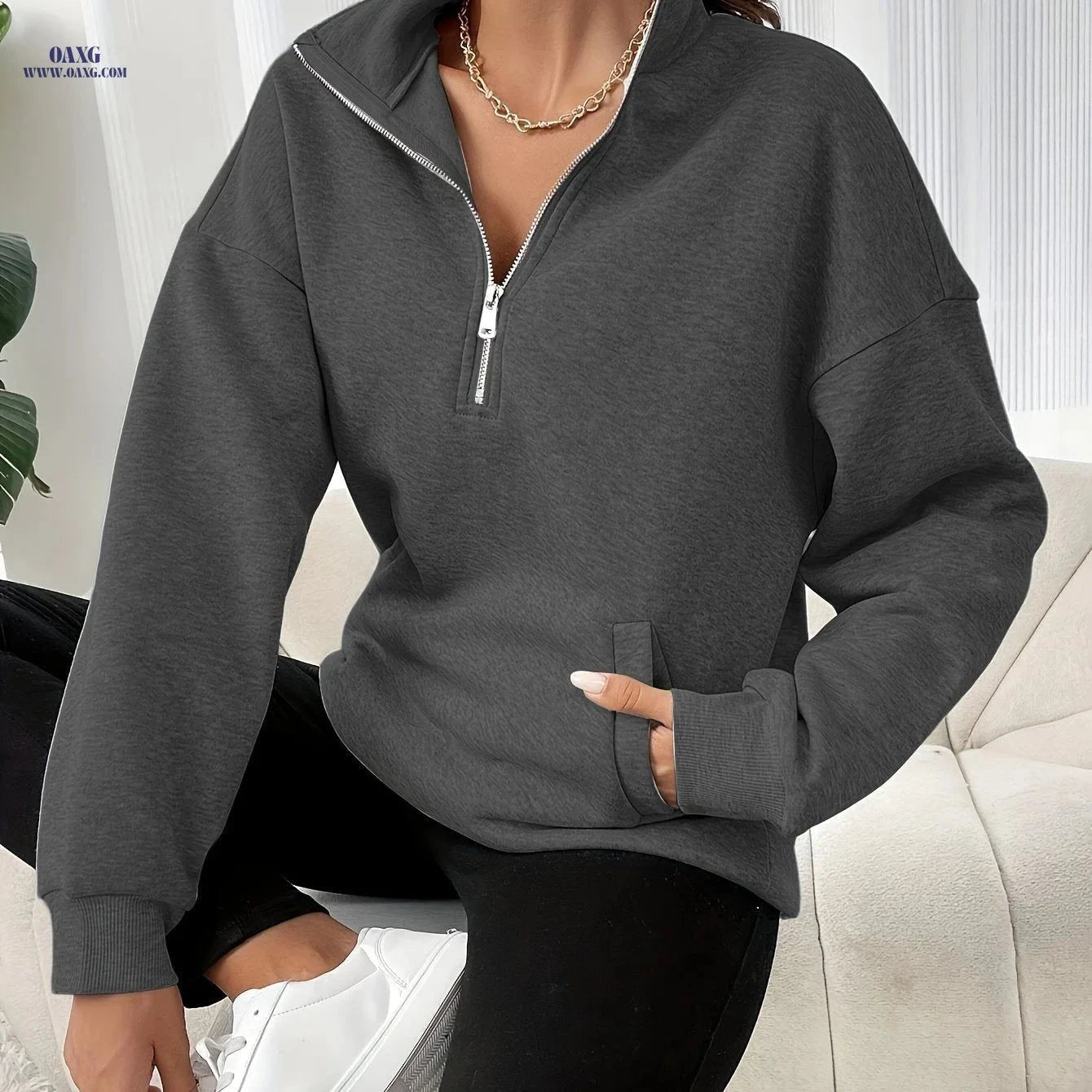 OAXG Women's Half-Zip Sweatshirt - Casual Solid Color Design   OAXG Light Grey / XS