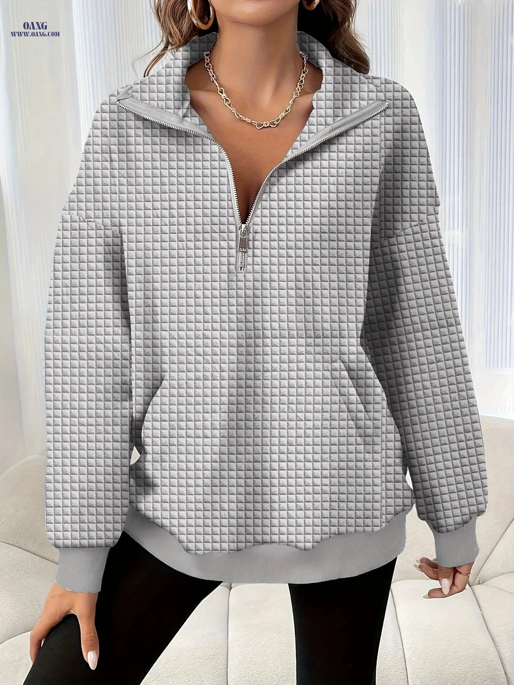 OAXG Women’s Half-Zip Sweatshirt - Solid Color, Elegant Style   OAXG 